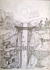 Drawing of the Rifts in the Black Rock Valley with a high waterfalls from its top. There are bridges that link either sided trenches of the valley with a deep down shallow space in between them allowing to view the gigantic falls. Caves are also been made into the valley provided with doors and windows for light and ventilation. The hanging bridge at the top place made of wooden branches and ropes stand still against the deep heights. 
- VIJAY