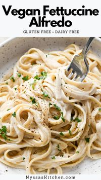 This vegan fettuccine alfredo is the best homemade dairy free pasta! Made with simple ingredients and so rich and creamy. Perfect for family dinner or a fancy date night in! Dairy free, gluten free, and vegetarian.