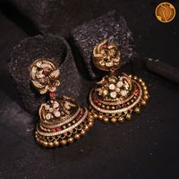 Feel the historic moment with this 22k gold earring enlightened by Mayur design beautified by antique work, kemp stonework and hung with the customary jhumka. DM | WhatsApp at +91 9360735592 (CRM)