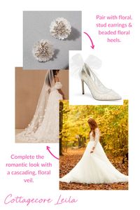 Floral touches elevate this romantic cottagecore bridal look! Opt for floral stud earrings and floral details on your wedding shoes. For added romantic flair, choose a sheer veil with floral appliques or lace to complete this wedding day look!