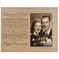 Honor the happy couple with a personalized 65th wedding anniversary photo frame. A treasured and lasting personal keepsake for wedding or anniversary. 65th Anniversary picture frame can be hung on a wall or displayed on a table. This special keepsake anniversary gift will always be a wonderful reminder of the love that you have for one another. Honor the happy couple with a 65th wedding anniversary decorative wood photo frame holds 1- 4x6 photo. Words are laser engraved. Please provide names abo