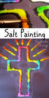 This cross craft is so fun and easy! What a great Bible craft to do with kids! Salt paint a cross! #crosscraft #christiancraft #biblecraft #eastercraft #catholickids #christiankids