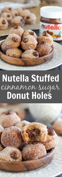 Nutella Stuffed Cinnamon Sugar Donut Holes - Baked vanilla donut holes coated in cinnamon sugar and filled with creamy Nutella. No frying necessary!