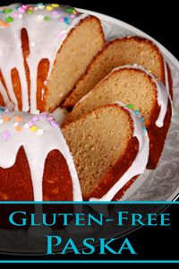 A close up view of a gluten-free paska. It's in the shape of a bundt pan, with dripping white glaze and topped with pastel coloured sprinkles. A section has been sliced, the slices are fanned out on the plate.