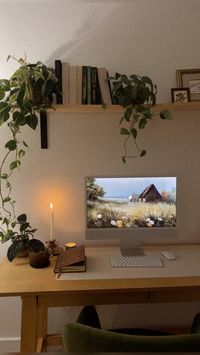 cozy office ideas, office decor inspo, office decor, cozy office, cozy aesthetic, book aesthetic, library aesthetic, at home library, books, cottagecore, vintage decor, thrifted decor, house plant aesthetic, house plants, green office chair, neutral office