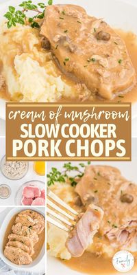 Cream of Mushroom Pork Chops are a simple, crock pot dinner recipe made with boneless pork chops, cream of mushroom soup, chicken broth, and onion mushroom soup mix. So simple to make with only 4 ingredients. Serve these fall apart tender & creamy pork chops over mashed potatoes.