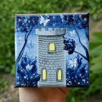 A mini castel painting featuring a fairy forest landscape with monochrome blue scenery. Sealed with gloss varnish. Available below