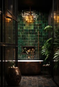 Transform your petite powder room into an 'Emerald Enclave' of luxury. The rich green tiles and copper tub create an opulent yet intimate spa-like atmosphere. Ideal for those seeking small bathroom ideas with a grand impact.