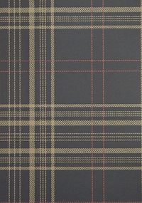 Rakel Plaid Wallpaper Charcoal and Brown plaid wallpaper with red window check.