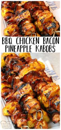 Tender chicken paired with tangy pineapple and smoky bacon all slathered with your favorite BBQ sauce. This BBQ Chicken Bacon Pineapple Kabobs recipe is one of my favorite grilled BBQ chicken dinners! Easy grilled chicken dinner recipe from Butter With A Side of Bread via @ButterGirls