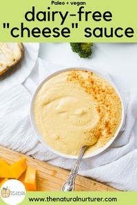 This dairy-free "cheese" sauce is delicious and easy to make. Totally vegan and Paleo, it is made from cashews and butternut squash. Use it as you would traditional cheese sauce to jazz up pasta, veggies, baked potatoes, rice or even nachos. Drizzle it over veggies, baked potato, pasta, for healthy nachos or just dunk your favorite tortilla chips in it! #vegan #paleosauce #plantbased #healthysauce #veggieloaded