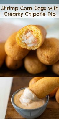 Shrimp Corn Dogs with Creamy Chipotle Dip are a seafood twist on the regular corn dog. Served with a creamy dipping sauce that complements the 'dog' perfectly. #shrimpcorndog #corndog