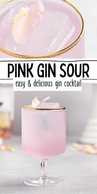 This Pink Gin Sour cocktail is such a great summer drink! It's simple and easy, with a mix of tart lemon and sweet liqueur to balance it out. Garnish with a pink rose petal, or use a piece of lemon peel for some extra citrus aroma. Great for bridal showers or girls nights!