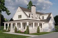 This 4 bed, 3.5 bath farmhouse plan gives you 3,033 square feet of heated living and a detached 2-car 576 square foot garage. An 8’-deep covered porch wraps around three sides of the home and gives you three points of access to the home: the great room through a pair of French doors, the flex room and the dining room. Step into the barn-inspired home plan and find the open floor plan great room with fireplace and soaring ceilings with glimpses into the second floor.  The kitchen includes an