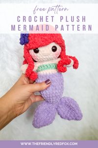 This free plush mermaid crochet pattern amigurumi pattern makes a squishy plush pal! This works up quickly with plush yarn.