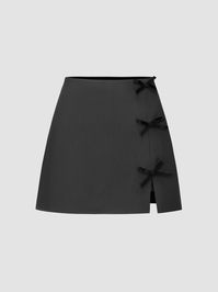 Woven Mid Rise Solid Bowknot Skort For Daily Casual