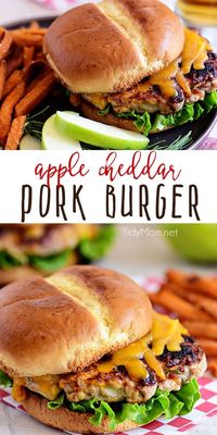 Apple Cheddar Pork Burgers are a simple dinner solution the whole family will devour!! Made with just five ingredients and packed with flavor, tart apples and sharp cheddar (inside and out) are going to elevate your burgers to a whole new dimension with an unexpected flavor that everyone is going to love! Print full recipe at TidyMom.net #burgers #pork #cheese