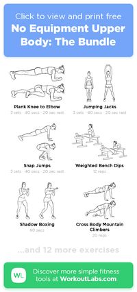 Free workout: No Equipment Upper Body: The Bundle – 43-min abs, arms, legs, shoulders exercise routine. Try it now or download as a printable PDF! Browse more training plans and create your own exercise programs with #WorkoutLabsFit · #AbsWorkout #ArmsWorkout #LegsWorkout #ShouldersWorkout