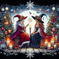 Imagine a charming Christmas-themed scene featuring two witches seated on a wooden bench. Each witch has her own unique style: one wears a long, flowing red robe with green trim, reflecting traditional Christmas colors, while the other sports a deep green cloak dotted with small, twinkling silver stars. Both witches don pointed hats, one in vibrant red and the other in sparkling green, adorned with tiny bells that jingle softly.