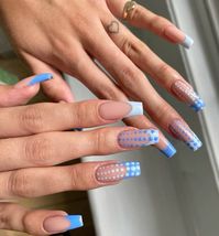 blue polka dot acrylic nails | long | coffin | french tip | pastel blue | dark blue | aesthetic