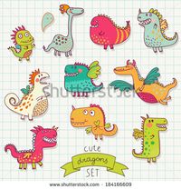 Funny cartoon dragon set in vector. Bright fantastic characters - stock vector