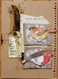 **Mon scrap par Liliema** ~ art journal page featuring free printable of birds ... look for the link "ici" to find them on another blog