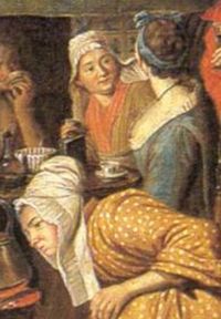 1750 - 1770. Detail of "Painter's Studio" by Jan Jozef Horemans II (Flemish painter). Women -- Clothing & dress -- 1700-1799 -- Belgium. 18th century Flemish costume. One of the ladies has a ribbon in her up-do hairstyle, instead of a cap.