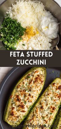 Feta cheese stuffed zucchini is light, and appetizing with a herby-lemony flavor. Stuffed with feta, Gruyere, and Greek yogurt. #keto #gluten-free