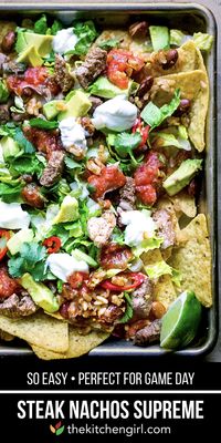 Baked nachos supreme with steak, Mexican rice, beans, cheese, lettuce, avocado, cilantro, sour cream, salsa, and serrano peppers. Great for game day, or ANY day! #glutenfree #gameday #nachos #mexicanfood