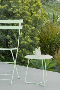 Fermob bistro chairs and Cocotte table in Ice Mint at Flora Grubb Gardens nursery in San Francisco.