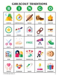 20 Bingo Cards with a set of calling cards. The perfect pairing if you are working on any of your Girl Scout Ways badges.