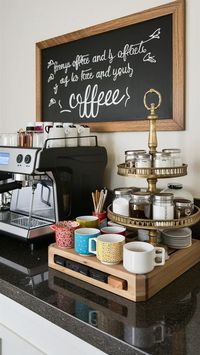 Transform your countertop into a cozy coffee bar! With stylish mugs, a coffee machine, and smart storage, these ideas will help you create the perfect coffee station without taking up too much space. 🛋️✨ #coffeebar #kitchendecor