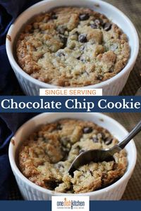 This is the BEST chocolate chip cookie recipe! Buttery, crisp edges and a warm, gooey center, this single serve chocolate chip cookie can be baked in a ramekin and eaten with a spoon or baked on a cookie sheet. It's so easy to make and is a delightful indulgent treat for one person. - One Dish Kitchen