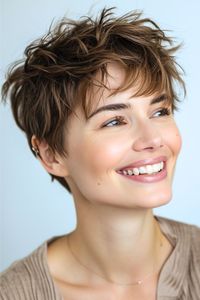 This playful cut features choppy layers that create a beautifully tousled and textured look, full of movement. The soft, piecey bangs gently frame the face, making this pixie hairstyle as flattering as it is fun. Click here for more stunning pixie haircut ideas.