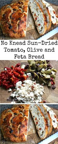 No Knead Sun-Dried Tomato, Olive and Feta Bread, no knead Dutch oven bread recipe, Mediterranean inspired bread recipe