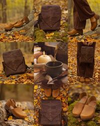 Chocolate brown leaf backpack made from cork leather styled with Sandgrens Clogs | Handmade Wooden Clog Mules | For Women & Men