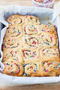 Cake Batter Cinnamon Rolls - ready to be glazed with vanilla icing.  No cake mix required!