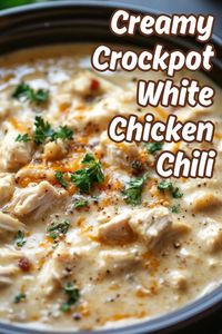 Savor the rich, comforting flavors of our Creamy Crockpot White Chicken Chili! This easy crockpot recipe combines tender chicken, creamy beans, and zesty spices for a delicious meal that cooks while you relax. Perfect for busy weeknights, it’s healthy, packed with protein, and family-friendly. Try this hearty dish today—save the pin and visit our site for the full recipe!