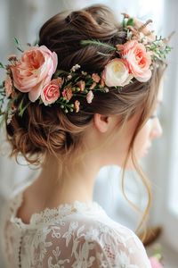 A low twisted bun crowned with fresh flowers, creating a romantic and enchanting look that’s ideal for a fairy-tale-inspired prom night.