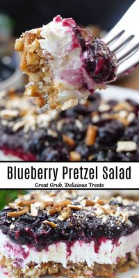 Blueberry Pretzel Salad is the perfect dessert recipe for a get together with friends or family, made with a sweet and delicious cream cheese mixture, fresh blueberries and blueberry pie filling that is layered on a crushed pretzel crust.