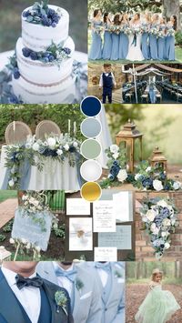 Navy blue, dusty blue, sage green, light grey, gold weddinh colors. Fall wedding, summer wedding, winter wedding. Groom, groomsmen, bride, bridesmaids, flower girl, ring bearer, flowers, invitations, rustic wedding cake, signage, rustic wedding decor