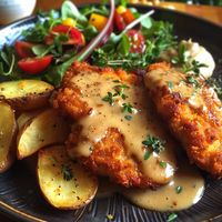 Victoria Hudson | Crispy Chicken Schnitzel with Creamy Mustard Sauce" Recipe: Ingredients: 2 boneless, skinless chicken breasts 1 cup all-purpose flour 2… | Instagram