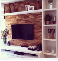 I love this living room set-up, and that wood wall that is laid like exposed brick is gorgeous. Verizon #Techoration Contest Entry