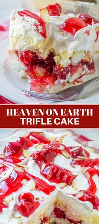 Heaven on Earth Cake is an icebox cake made with layers of angel food cake, pudding, cherry pie filling, whipped topping and almond slivers via @lalainespins