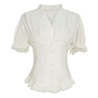 PRICES MAY VARY. VICTORIAN BLOUSE - This Victorian blouse top for women. The short puff sleeve button down blouse and tutu lace hem add a touch of elegance and victorian corset tops shirts show off your slimming vision. VERSATILE DESIGN -This Renaissance shirt. Vintage short sleeve, V-neck, button placket, back placket tie, ruffled cuff design. The button placket and tie design is easy to adjust . MATCHES - This Victorian peasant blouse.It is recommended to wear a victorian A-line skirt, jeans a