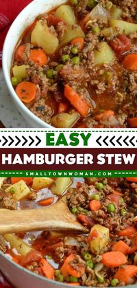 An easy hamburger stew recipe on the stovetop! Complete with vegetables and spices, this ground beef stew is the perfect comfort food in a bowl. Such a wholesome, hearty, yummy soup! Pin this for later!