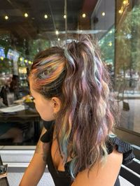 Rainbow, rainbow hair, ponytail, iridescent, curly hair, rainbow curls