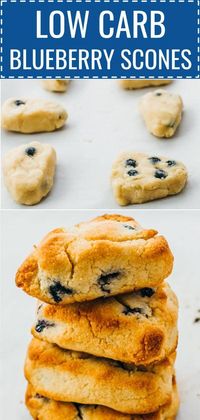 These healthy blueberry scones are low carb, keto friendly, gluten free, and sugar free. The main ingredients are almond flour, cream, sweetener, and blueberries. No butter required. You can make this simple baking recipe for breakfast, dessert, or as a snack. Click the pin to find the recipe, nutrition facts, cooking tips, and more photos. #lowcarb #keto