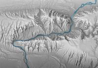 Rendering of the Green River flowing through Split Mountain, Dinosaur National Monument, Utah