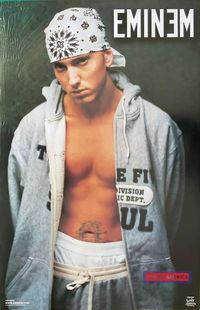 This is a Vintage 2002 EMINEM Bandanna Shirtless POSTER. It Is Brand NEW in the shrinkwrap.  The left side end plastic is torn a little and there is some minor wear on that edge. If you going to frame it then they should not be noticeable since they are very small.  See 5th picture for details. It 22.375'' x 34'' in size. Would look AMAZING framed.  Great for a Bedroom, Dorm Room, Office, Ect.